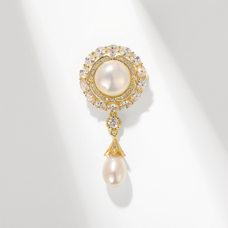 High-end Palace Style Zircon Brooch Round Water Drop Shell Pearls Temperament Clothing Accessories Pin — foto 5