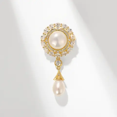 High-end Palace Style Zircon Brooch Round Water Drop Shell