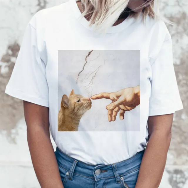 Spoof Cat Titanic Funny Van Gogh Impression Painting Printed T shirt Unisex Couple T shirt Street Xxxxl - Shop at LoveMi