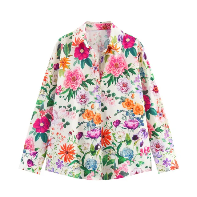 Women's All match Floral Printing Lapel Single breasted Long Sleeve Shirt - Shop at LoveMi