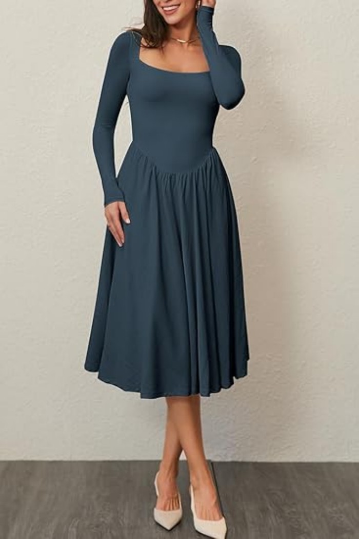 Women's Solid Color Long Sleeve Bottoming Dress Blue - Shop at LoveMi