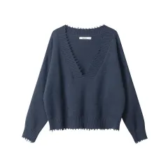 European And American Raw Edges Design V-neck Long-sleeved Sweater - Royal Blue - View 1