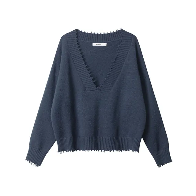 European And American Raw Edges Design V neck Long sleeved Sweater Royal Blue - Shop at LoveMi
