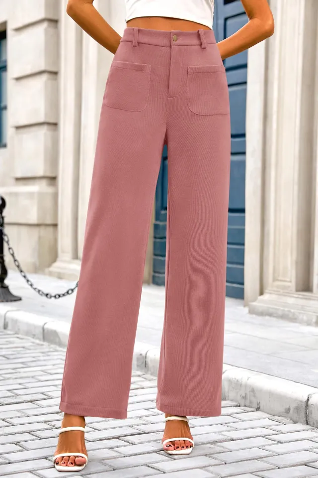Stretch High Waist Button Wide Leg Pants Pink - Shop at LoveMi