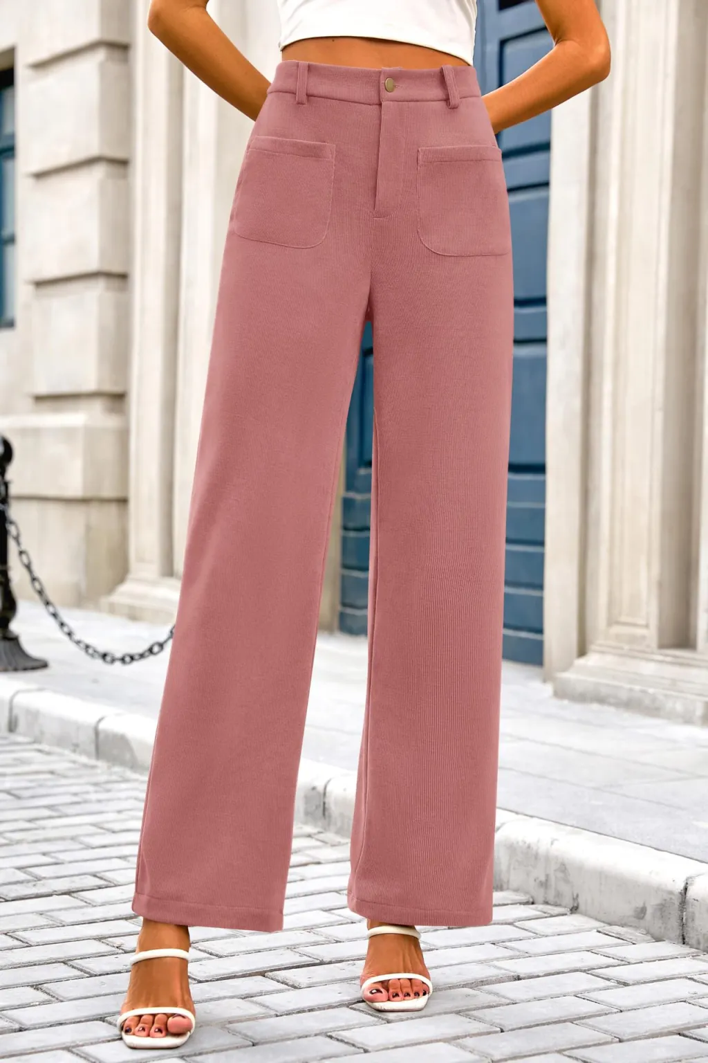 Stretch High Waist Button Wide Leg Pants - Pink