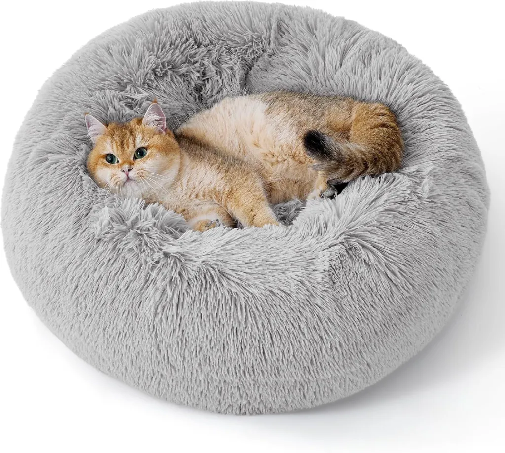 Indoor Solid Color Non-slip Round Fluffy Plush Pet Bed - Light Gray