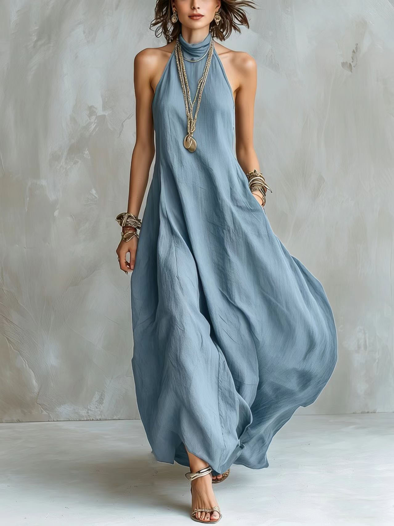 Womens Halter Neck Maxi Dress Sleeveless Loose Fit Boho Beach Summer S-2XL
