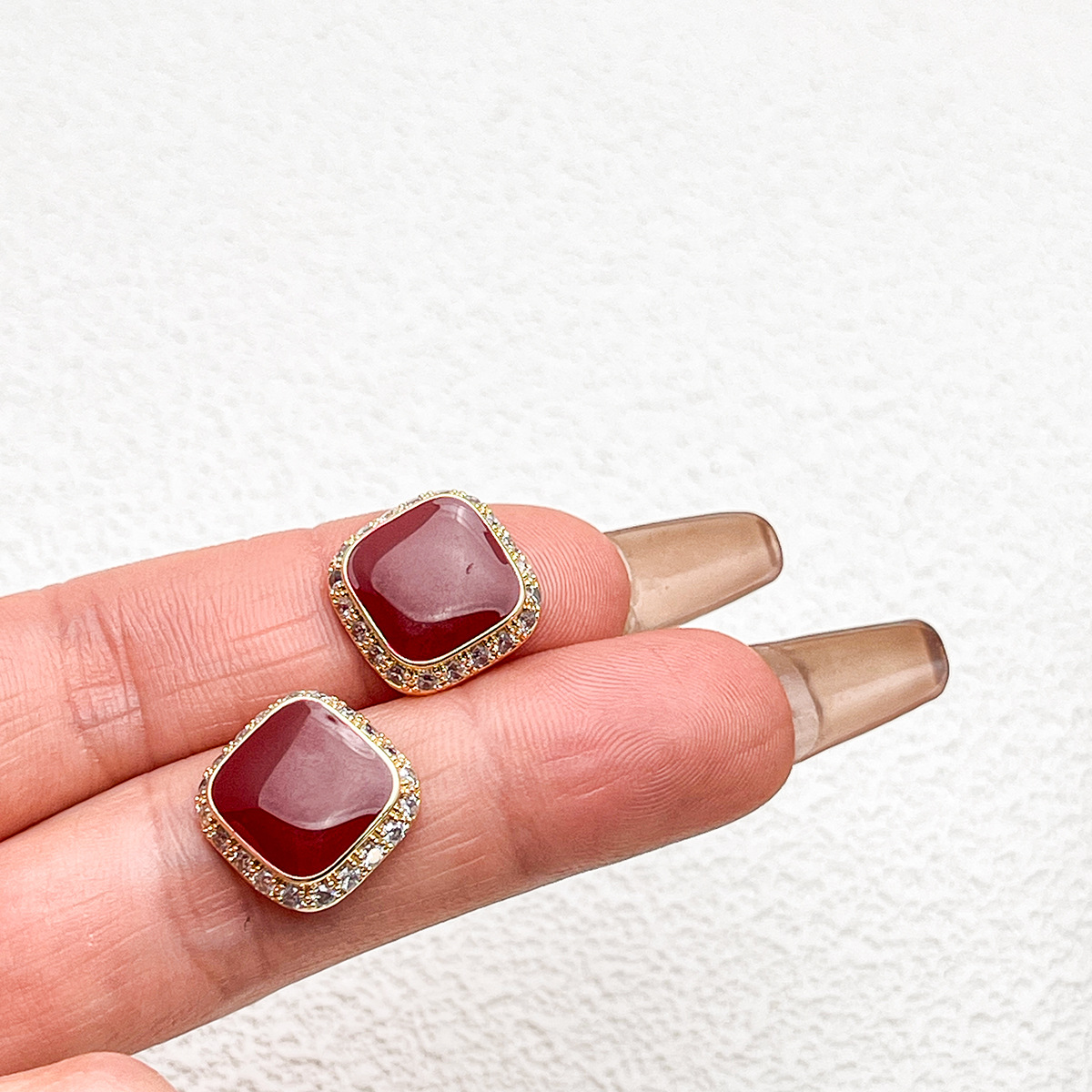 Retro Red Plate Temperament Inlaid Square Simple And Stylish Earrings