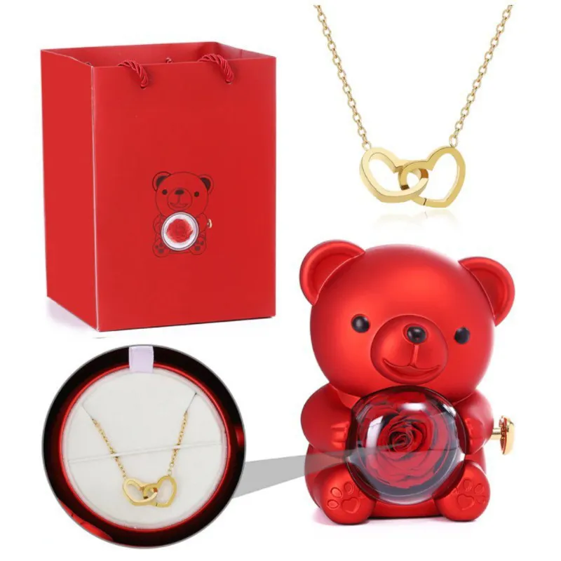 Engraved Double Heart Necklace Simple Rose Gift Set - Red Gift Box Necklace