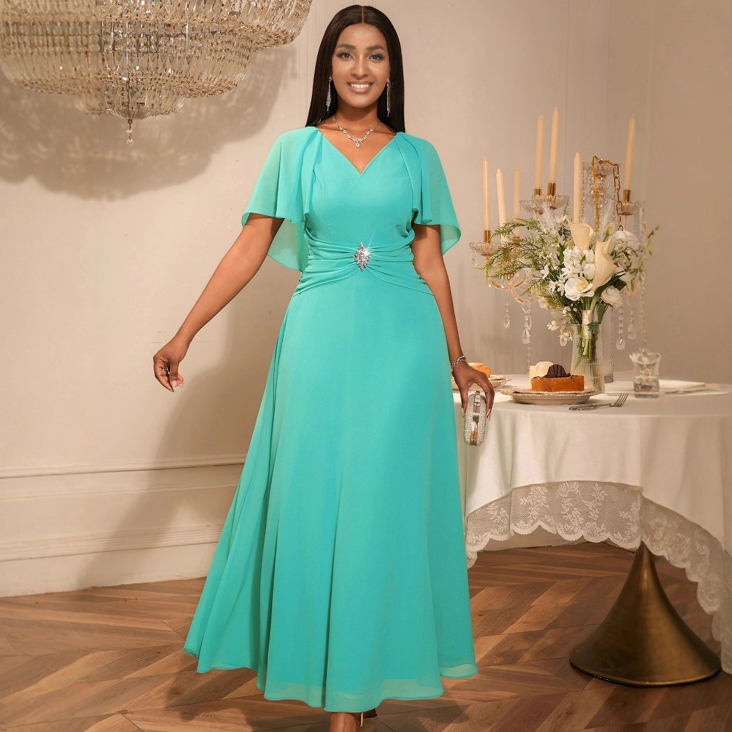 V-neck Ruffle Elegant Dress Solid Color High Waist