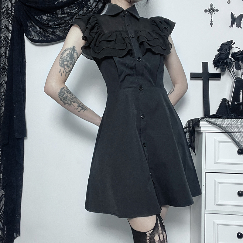 Elegant Ruffle Waist-tight Polo Collar Dress