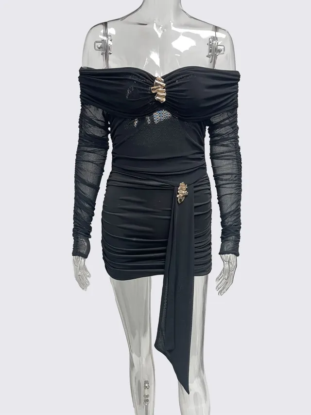 Autumn New Waist cinching Slim fit Slimming Pleated One shoulder Bodycon Dress Black - Shop at LoveMi