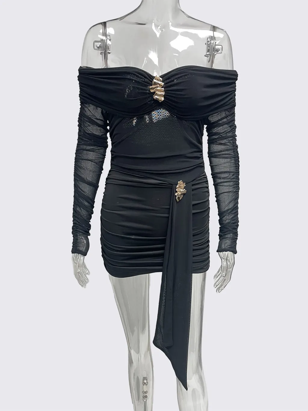 Autumn New Waist-cinching Slim-fit Slimming Pleated One-shoulder Bodycon Dress - Black