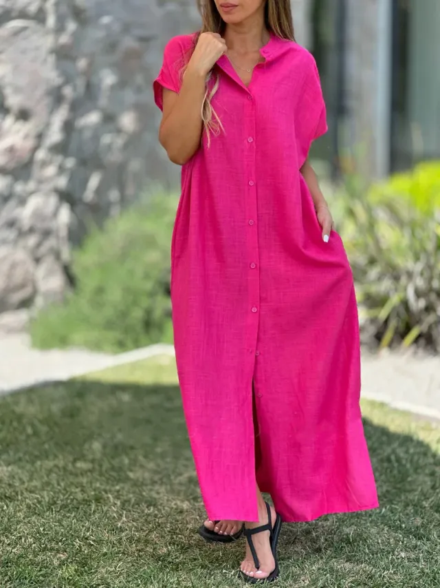 Cotton And Linen Casual Short sleeved Cardigan Dress Rose Red - Shop at LoveMi