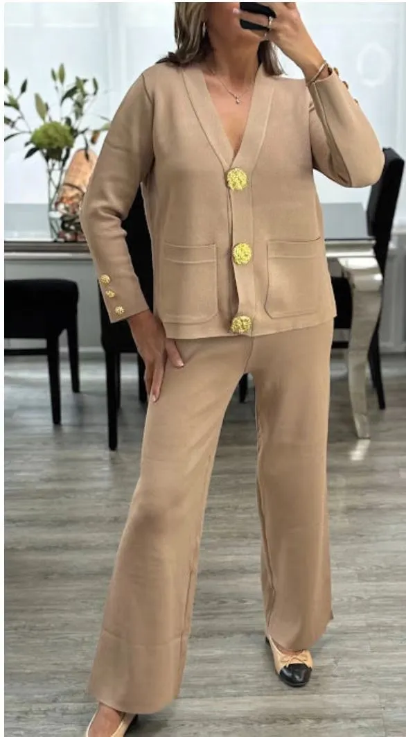 Metal Buckle Knitted Cardigan Sweater Wide Leg Pants Suit Camel - Shop at LoveMi