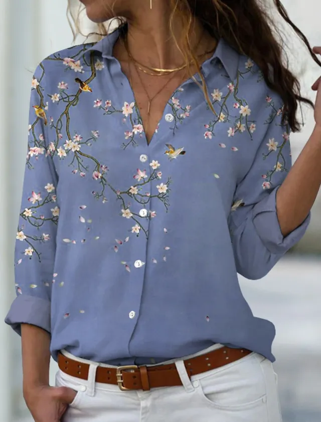 New Solid Color Flower Branch Classical Elegant Printing 3D Digital Loose Cardigan Women's Long sleeved Blouse B25Sltha240216V - Shop at LoveMi