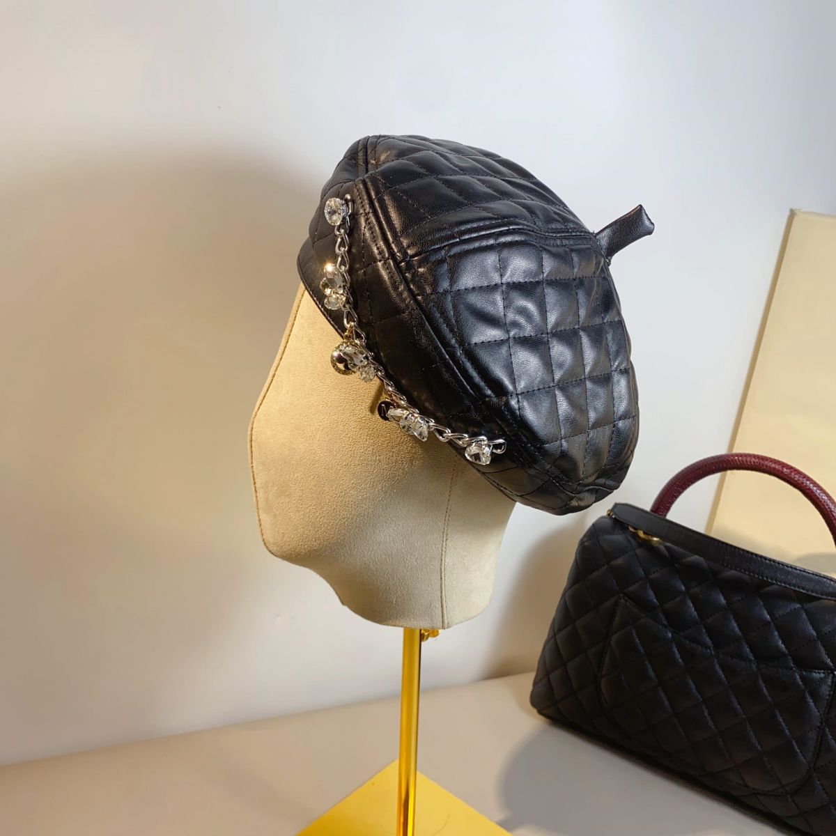 Artificial Leather Diamond Plaid Beret Street Black - Shop at LoveMi