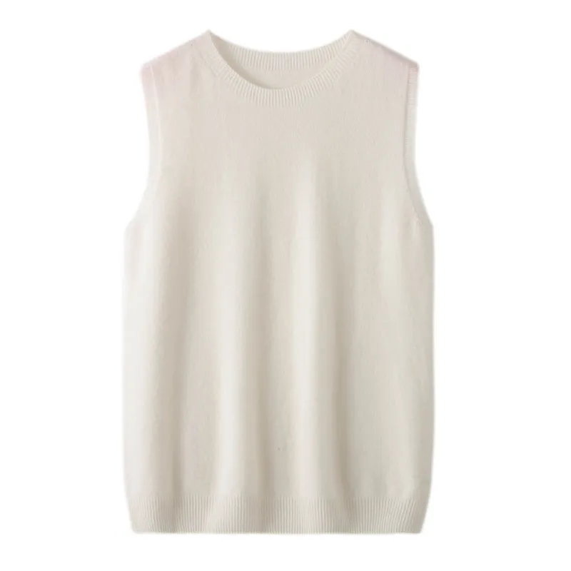 Women's Round Neck Sleeveless Pure Wool Sweater Vest - White