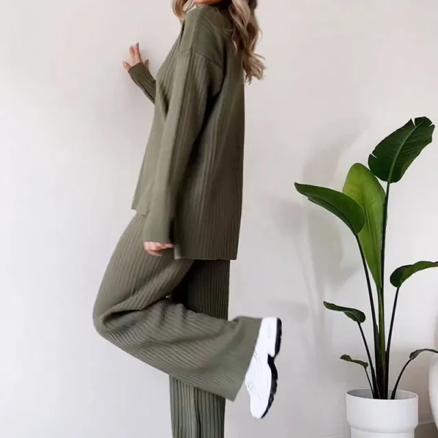 Turtleneck Knitted Suit Loose Split Design Long sleeved Top And Straight Trousers Fashion Casual Solid Set Women's Clothing Green - Shop at LoveMi