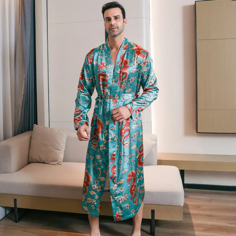 Summer Ice-silk Long-style Wearable Youth Long-sleeve Loungewear Mens Nightgown