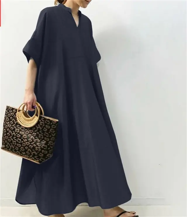 Women's Solid Color Half Sleeve Long Dress Blue - Shop at LoveMi