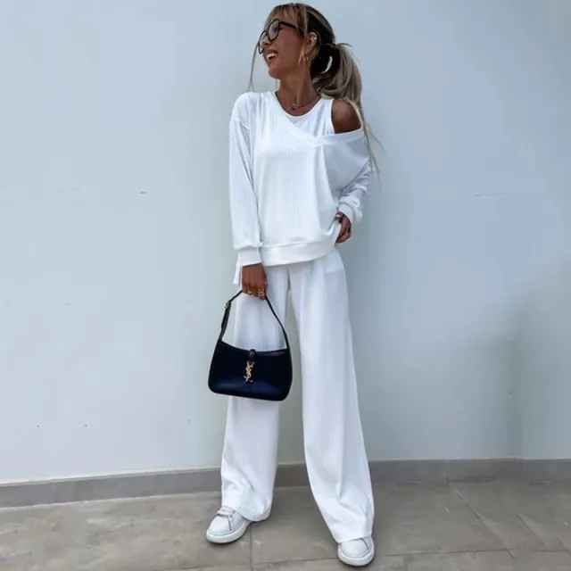 Women's Solid Color Vest Inner Match Long sleeved V neck Top Casual Pants Three piece Set White - Shop at LoveMi