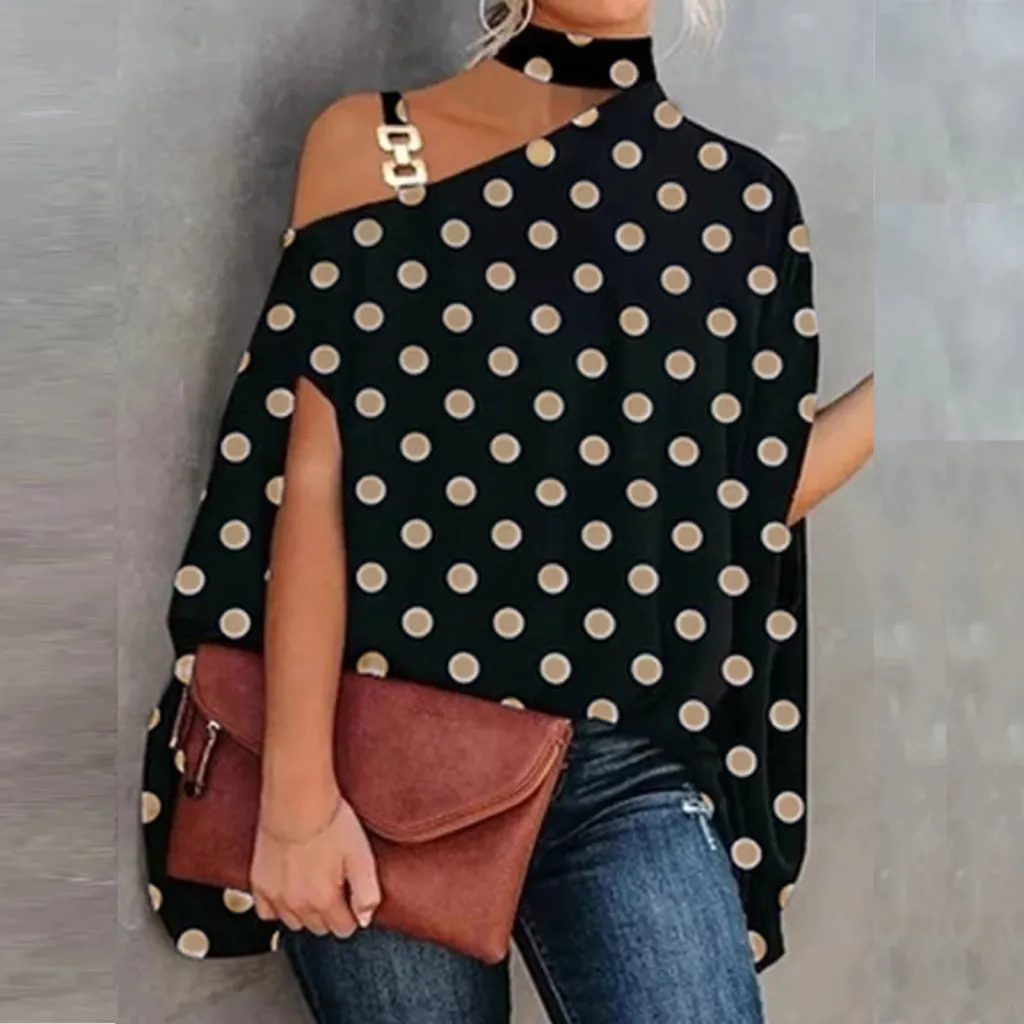 Wear Halter Shawl Printed Elegant Short Sleeve Bat Shirt - Black Dots