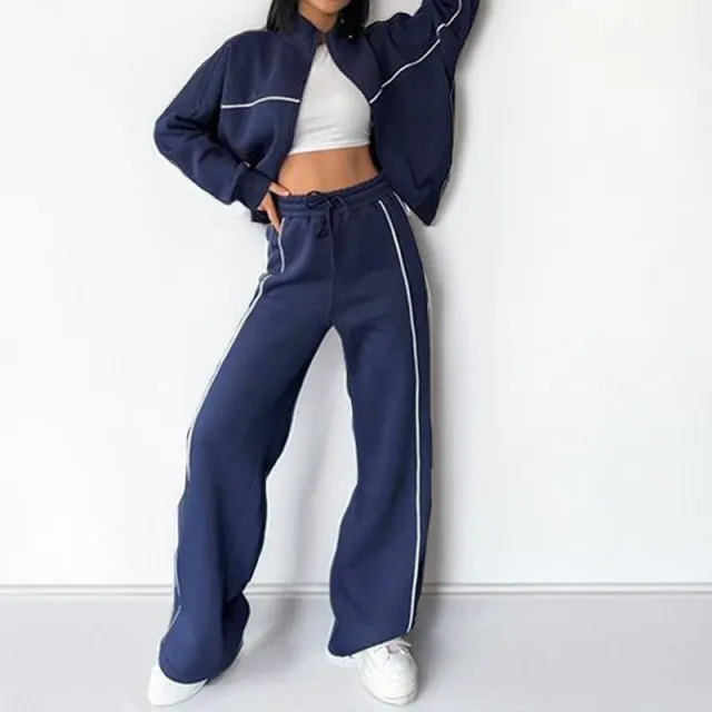 Casual Suit Long Sleeve Mock Neck Hoodie Lace up Striped Trousers Blue - Shop at LoveMi