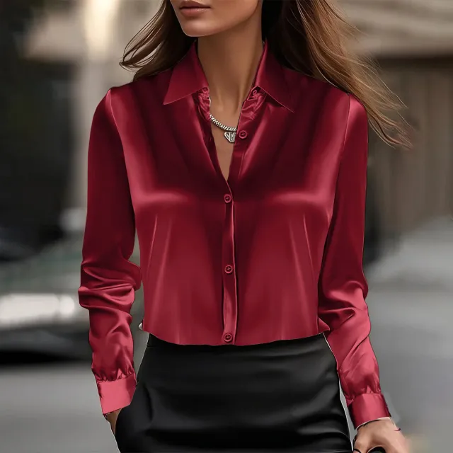 Spring And Autumn Temperament Long Sleeve Satin Swing Collar Top Shirt For Women Shirt Wine Red - Shop at LoveMi
