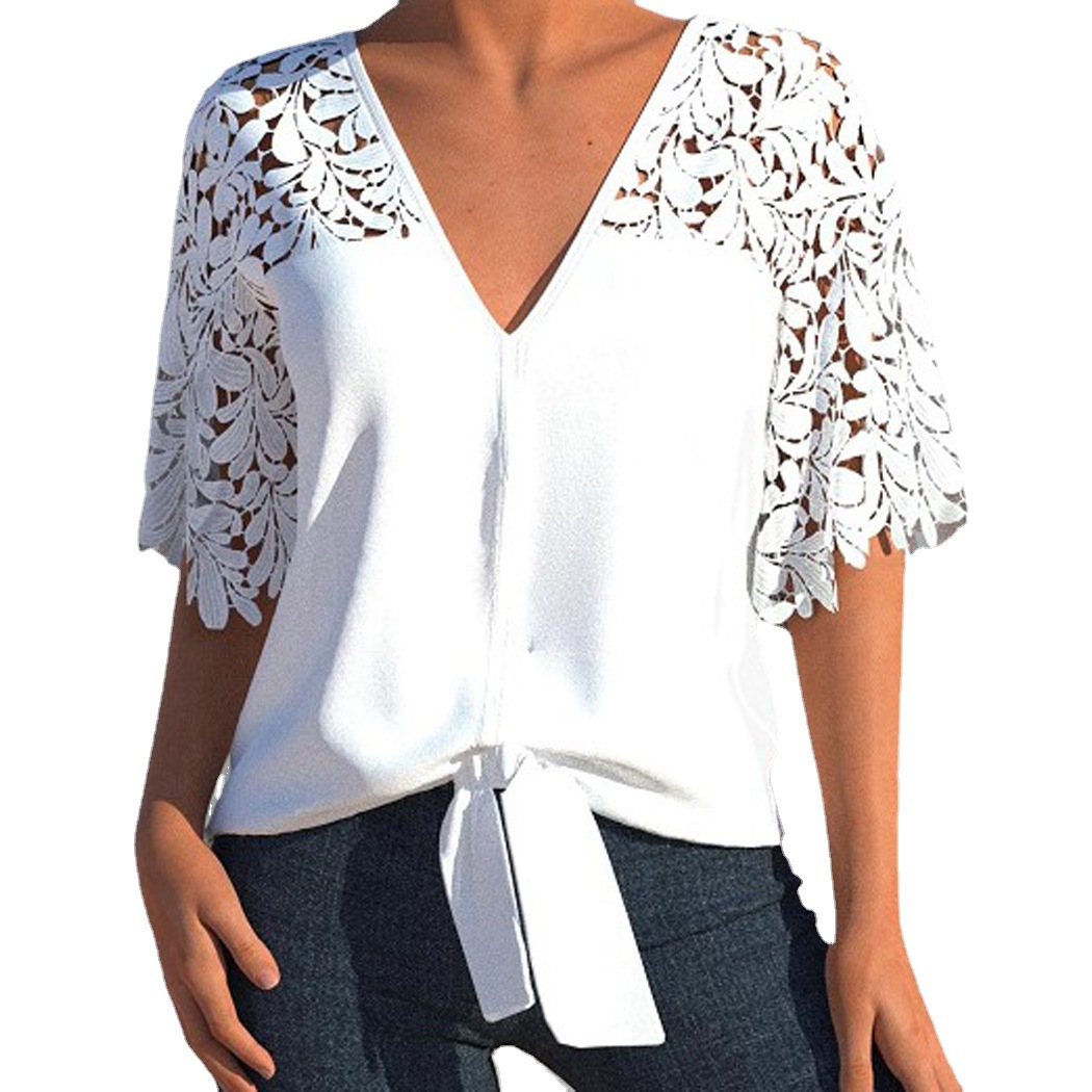 V-Neck Commuter Sexy Lace Hollow-Out Solid Color Three-Quarter Sleeve Chiffon Blouse - Image 1