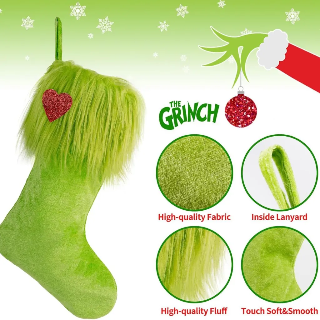 Christmas Green Fur Ornament Christmas Stockings Plush Candy Gift Bag - Large Christmas Stockings A