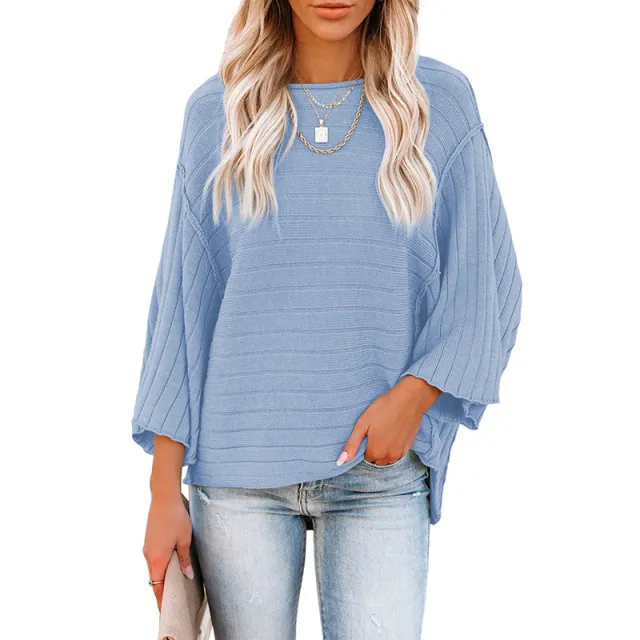 Women's Loose fitting Casual Round neck Sweater Blue - Shop at LoveMi