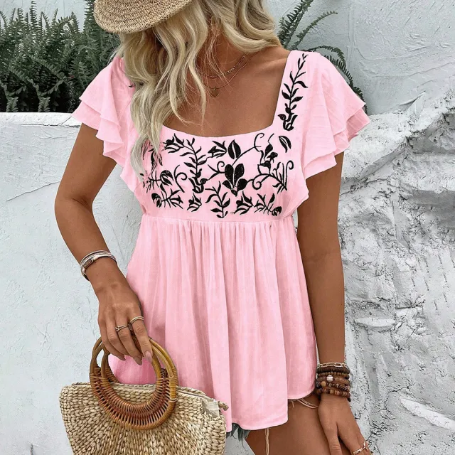 Women's Casual Lace trimmed Square neck Embroidered Shirt Pink - Shop at LoveMi