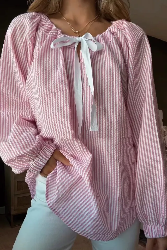 Women's Chiffon Shirt Striped Lace up Top Pink - Shop at LoveMi
