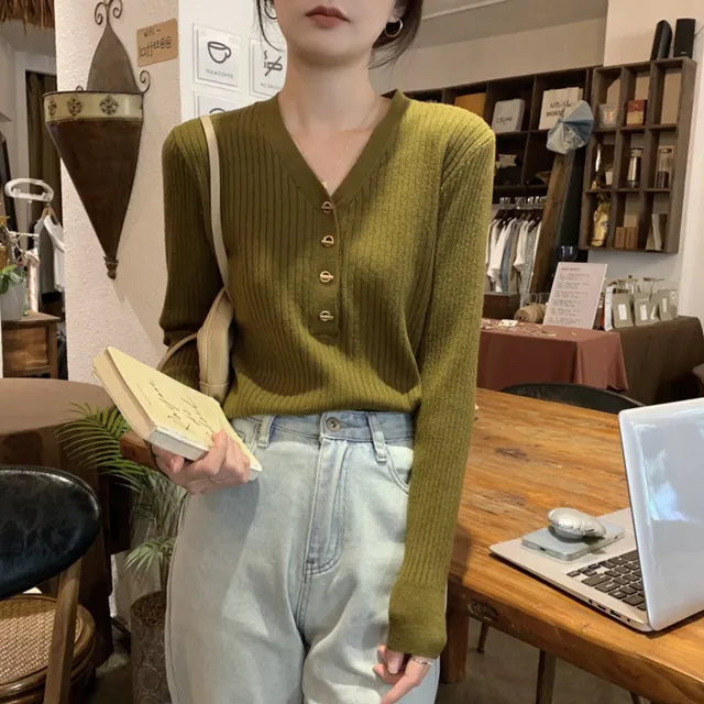 Gentle V neck Knitted Bottoming Shirt French Style High Sense Olive - Shop at LoveMi