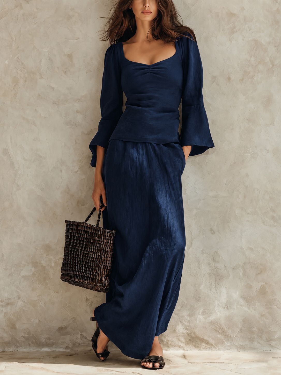 Womens Square-neck Loose-fit Long-sleeve Top And High-waisted Skirt Two-piece Set 2