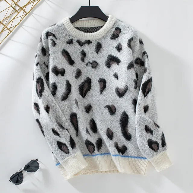 Women's Fashion Leopard Jacquard Brushed Sweater Coat Beige - Shop at LoveMi
