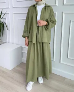 Fashion Loose-fitting Long Sleeves Shirt Outfit - Iq150 Army Green Skirt Suit - View 1