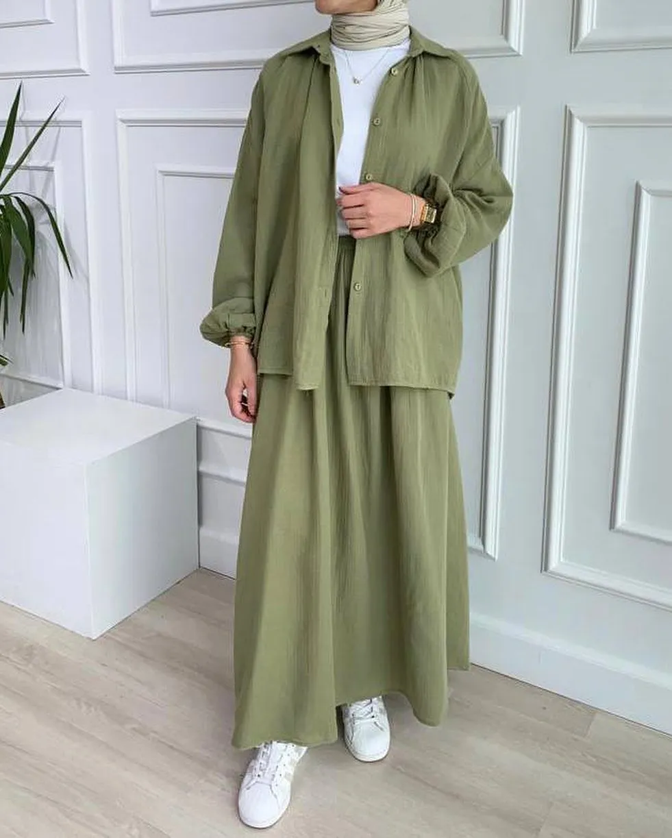 Fashion Loose-fitting Long Sleeves Shirt Outfit - Iq150 Army Green Skirt Suit