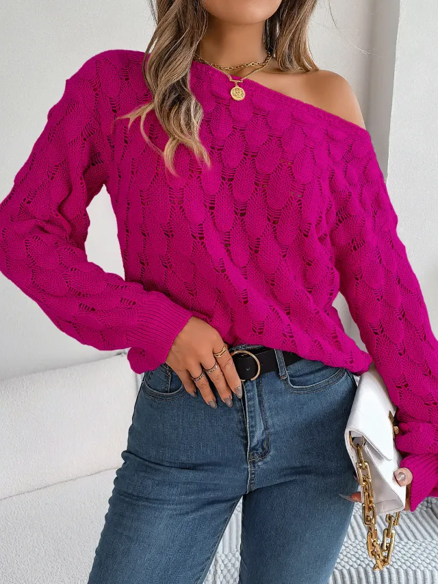 Hollow out Off neck Off the shoulder Lantern Sleeve Sweater Red - Shop at LoveMi
