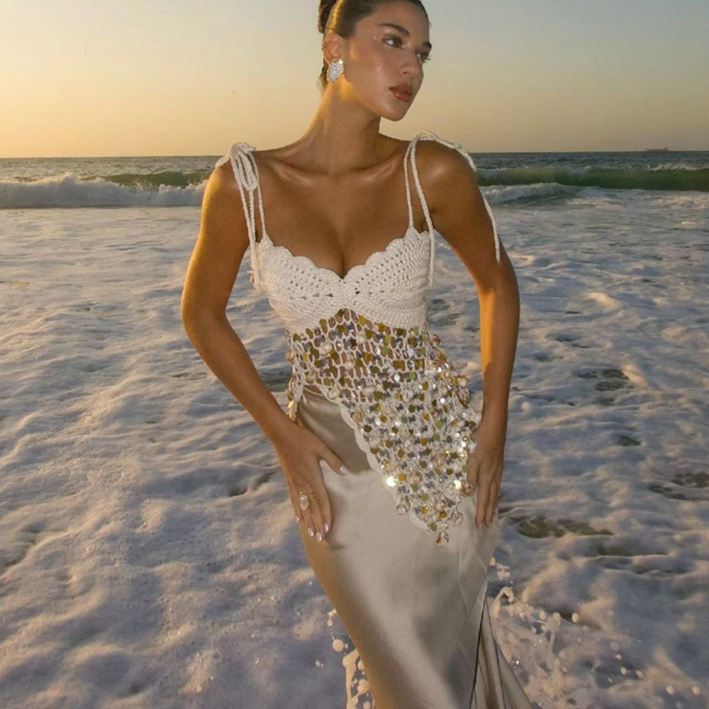 Womens Beach Dress Sequin Strap Bikini Swimsuit Cover Up Sun Protective Top