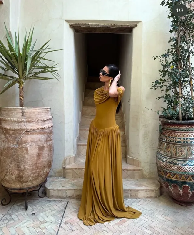 Slant Shoulder Waist Slimming A Line Dress Caramel - Shop at LoveMi