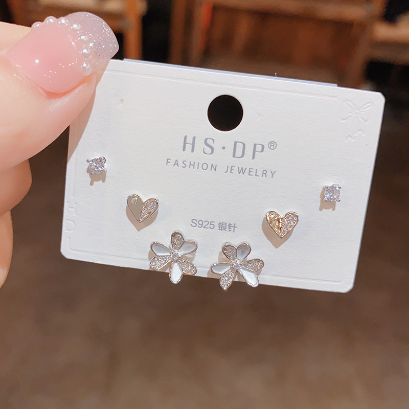 Sterling Silver Needle Exquisite Fashion All-match Cute Three-piece Set Combination Ear Studs
