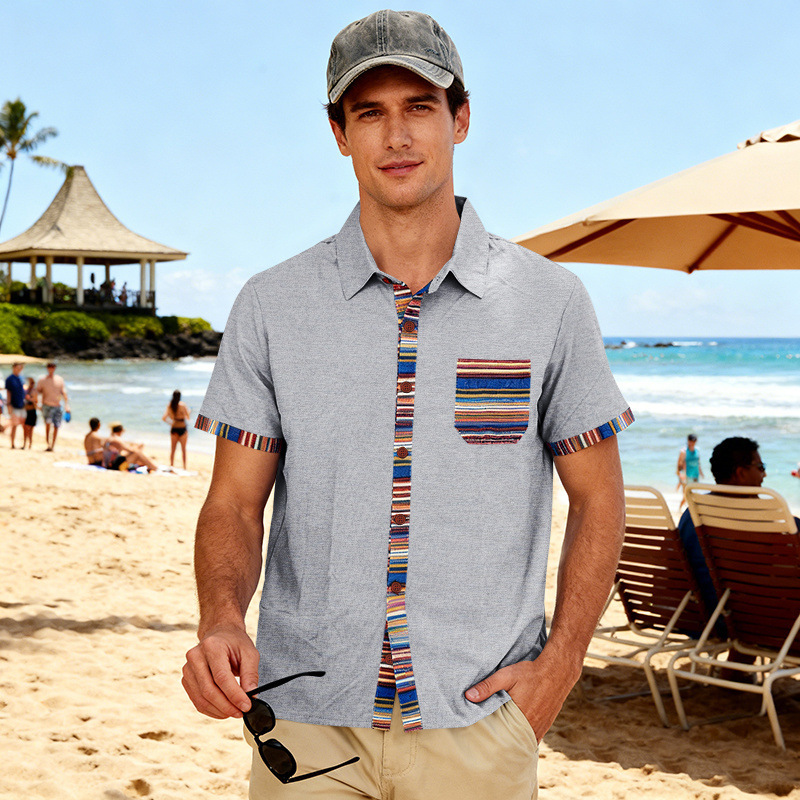 Men's Contrasting-Color Beach Short-Sleeve Casual Shirt