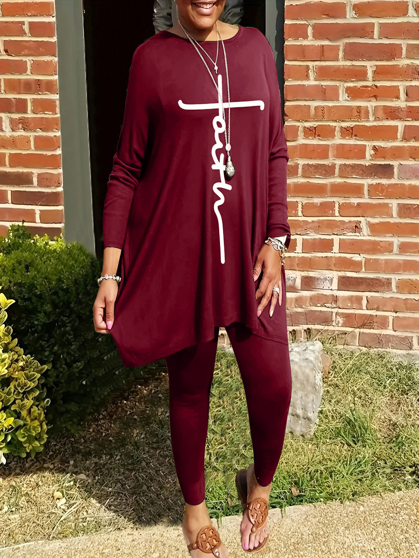 Round Neck Loose Long Sleeves Solid Color Printed Plus Size Women’s Clothing Two-piece Set – Wine Red, XL