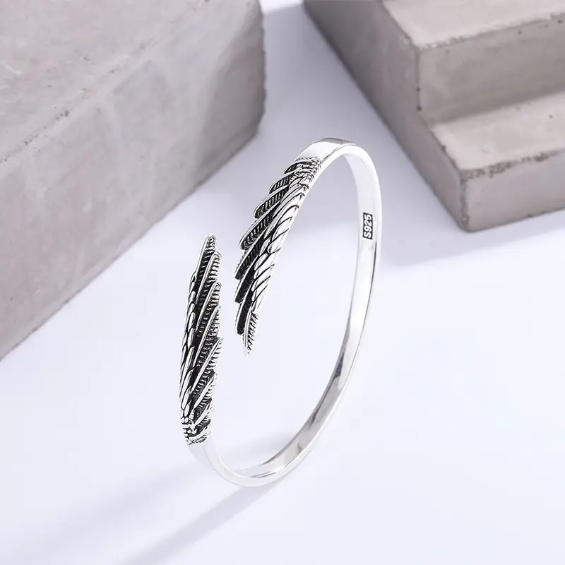 Vintage Thai Silver Feather Bracelet Female Simple