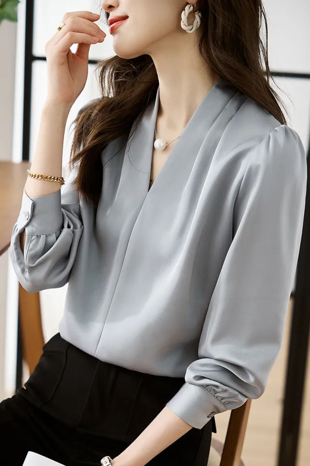 V neck Lightly Mature Commuter Satin Chiffon Blouse Top Gray - Shop at LoveMi