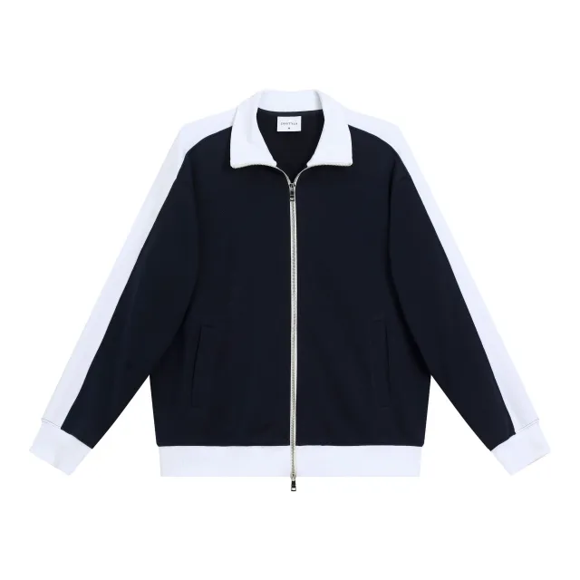 Contrast Color Double Zipper Stand Collar Sweater Navy Blue Jade White - Shop at LoveMi