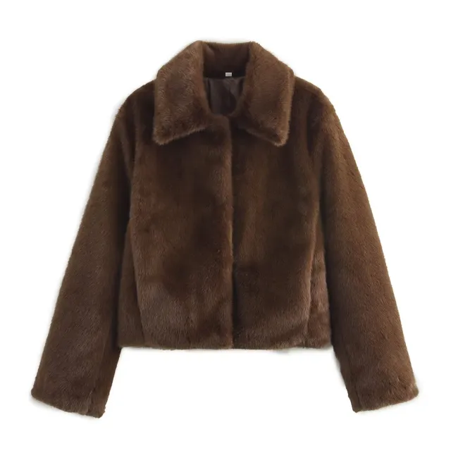 Artificial Fur Effect Lapel Loose Fashionable Jacket Women Dark Brown - Shop at LoveMi