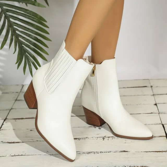 Solid Color Pointed Toe Chunky Heel High Heel Comfortable PU White Ankle Boots White - Shop at LoveMi